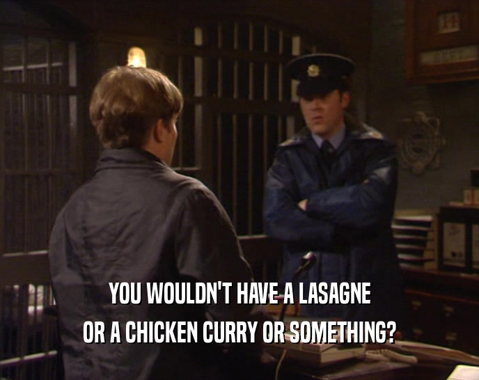 YOU WOULDN'T HAVE A LASAGNE
 OR A CHICKEN CURRY OR SOMETHING?
 