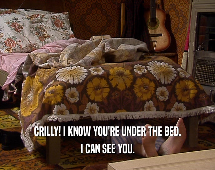 CRILLY! I KNOW YOU'RE UNDER THE BED. I CAN SEE YOU. 