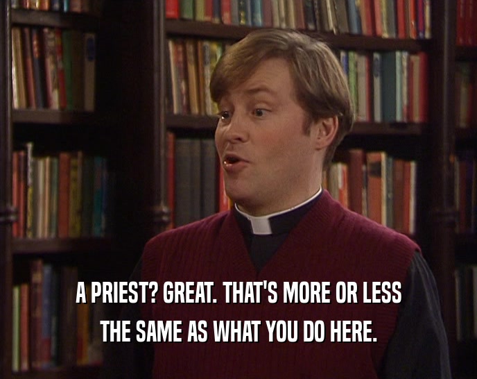 A PRIEST? GREAT. THAT'S MORE OR LESS THE SAME AS WHAT YOU DO HERE. 