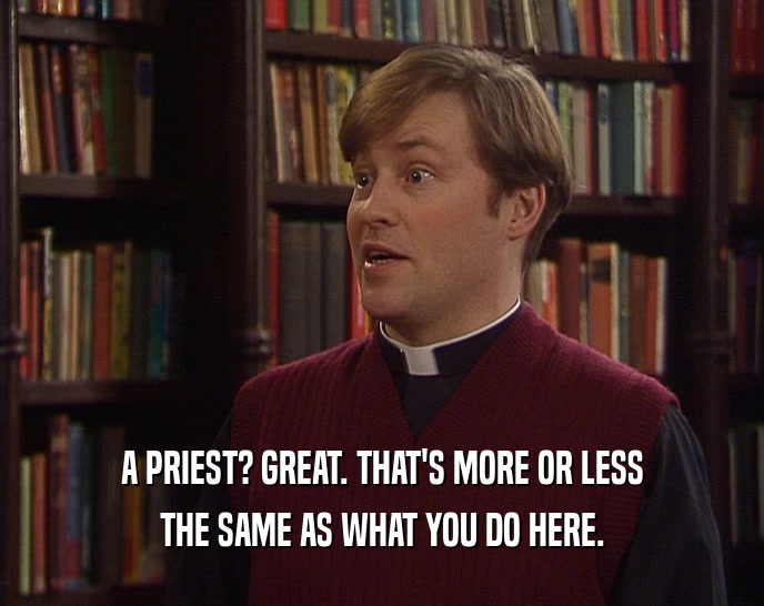 A PRIEST? GREAT. THAT'S MORE OR LESS THE SAME AS WHAT YOU DO HERE. 