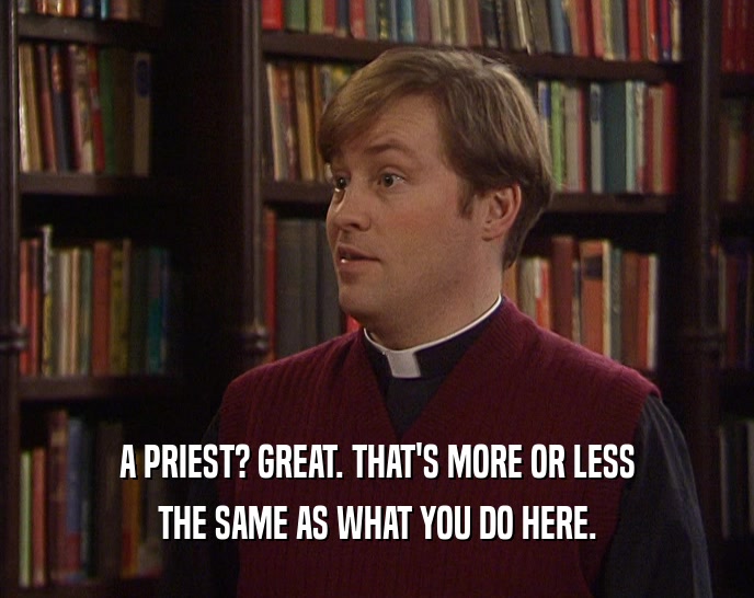 A PRIEST? GREAT. THAT'S MORE OR LESS THE SAME AS WHAT YOU DO HERE. 