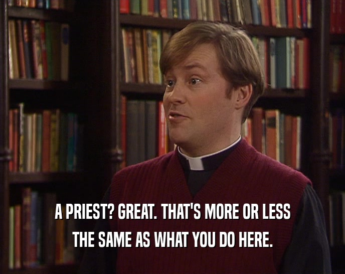A PRIEST? GREAT. THAT'S MORE OR LESS THE SAME AS WHAT YOU DO HERE. 
