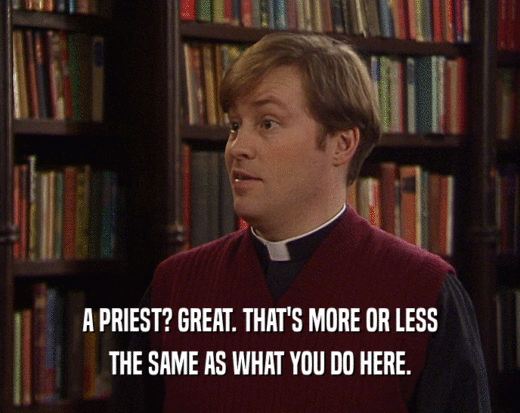 A PRIEST? GREAT. THAT'S MORE OR LESS THE SAME AS WHAT YOU DO HERE. 
