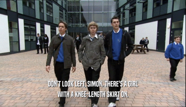 DON'T LOOK LEFT, SIMON. THERE'S A GIRL
 WITH A KNEE-LENGTH SKIRT ON.
 