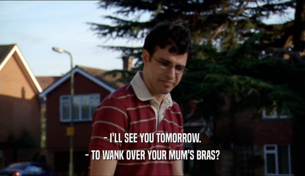 - I'LL SEE YOU TOMORROW. - TO WANK OVER YOUR MUM'S BRAS? 