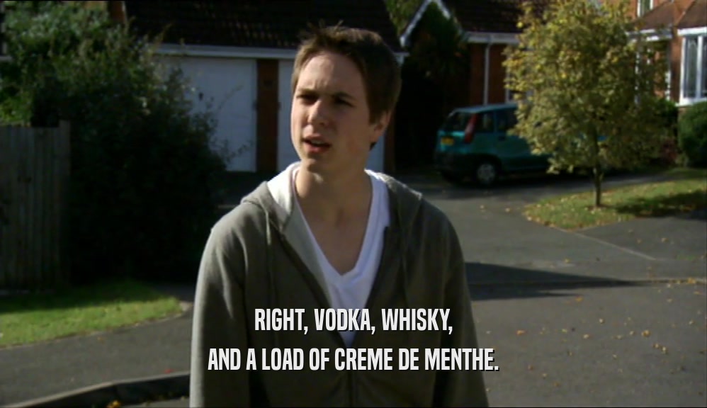 RIGHT, VODKA, WHISKY, AND A LOAD OF CREME DE MENTHE. 