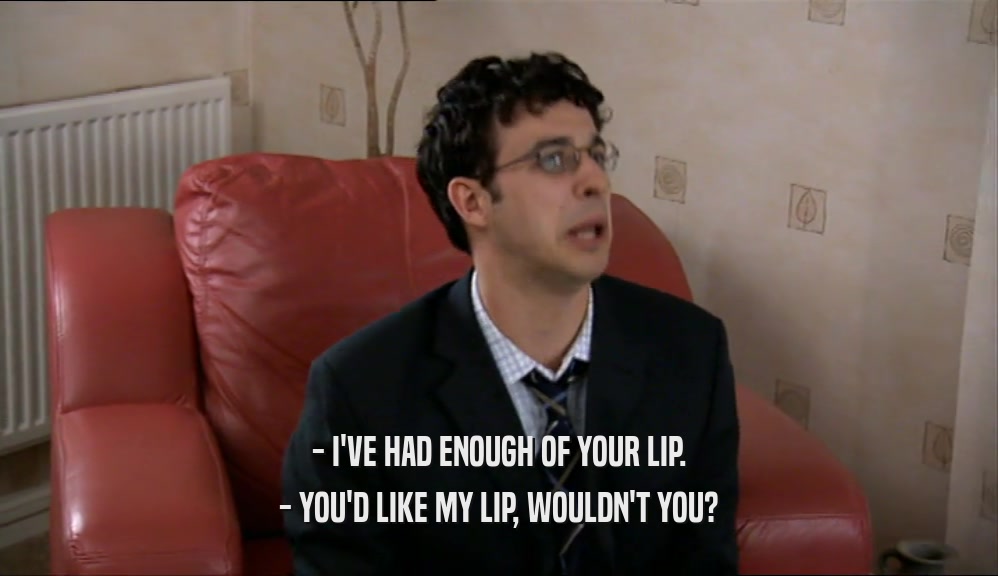- I'VE HAD ENOUGH OF YOUR LIP. - YOU'D LIKE MY LIP, WOULDN'T YOU? 