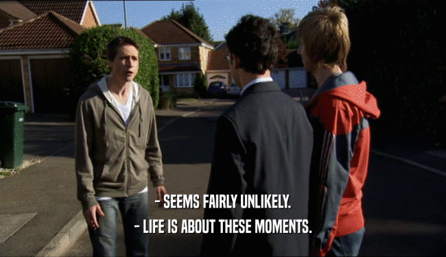 - SEEMS FAIRLY UNLIKELY.
 - LIFE IS ABOUT THESE MOMENTS.
 