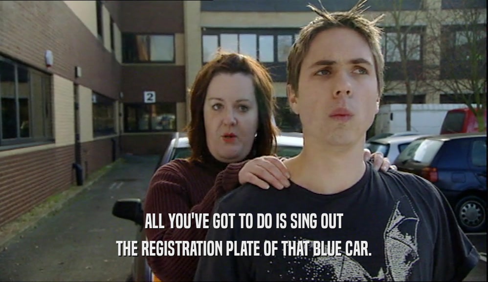 ALL YOU'VE GOT TO DO IS SING OUT THE REGISTRATION PLATE OF THAT BLUE CAR. 