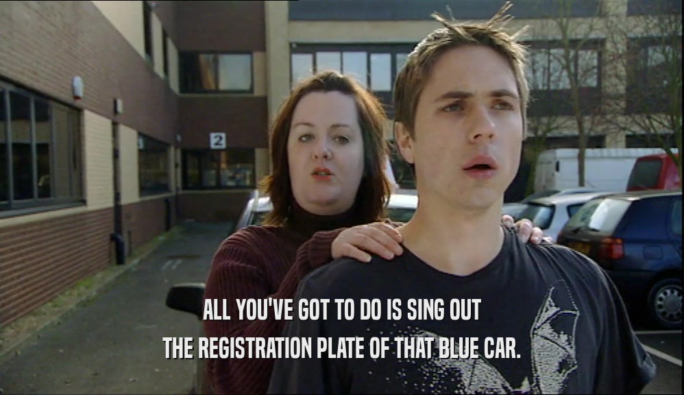 ALL YOU'VE GOT TO DO IS SING OUT THE REGISTRATION PLATE OF THAT BLUE CAR. 