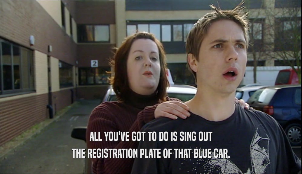 ALL YOU'VE GOT TO DO IS SING OUT THE REGISTRATION PLATE OF THAT BLUE CAR. 