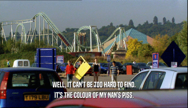WELL, IT CAN'T BE TOO HARD TO FIND. IT'S THE COLOUR OF MY NAN'S PISS. 