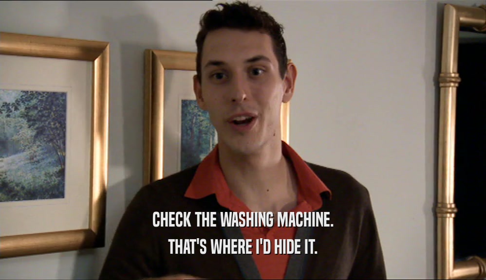 CHECK THE WASHING MACHINE. THAT'S WHERE I'D HIDE IT. 