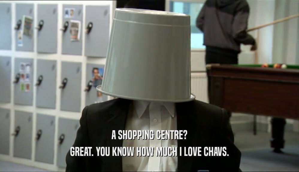 A SHOPPING CENTRE? GREAT. YOU KNOW HOW MUCH I LOVE CHAVS. 
