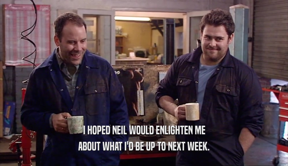 I HOPED NEIL WOULD ENLIGHTEN ME ABOUT WHAT I'D BE UP TO NEXT WEEK. 