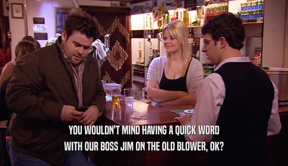 YOU WOULDN'T MIND HAVING A QUICK WORD WITH OUR BOSS JIM ON THE OLD BLOWER, OK? 