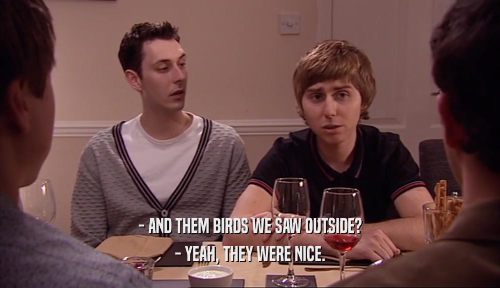 - AND THEM BIRDS WE SAW OUTSIDE?
 - YEAH, THEY WERE NICE.
 
