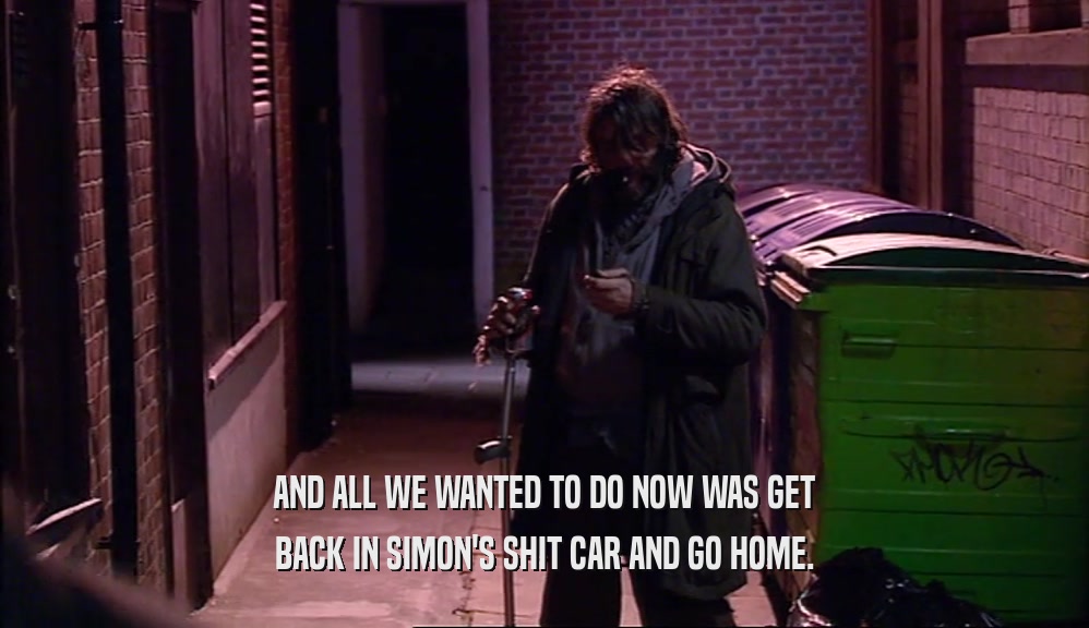AND ALL WE WANTED TO DO NOW WAS GET BACK IN SIMON'S SHIT CAR AND GO HOME. 