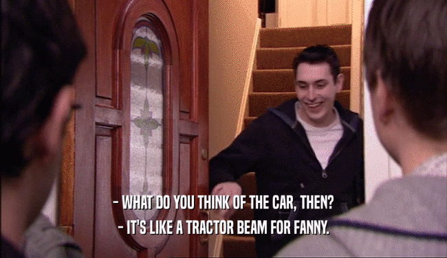 - WHAT DO YOU THINK OF THE CAR, THEN?
 - IT'S LIKE A TRACTOR BEAM FOR FANNY.
 
