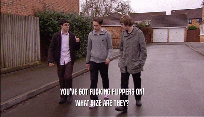YOU'VE GOT FUCKING FLIPPERS ON! WHAT SIZE ARE THEY? 