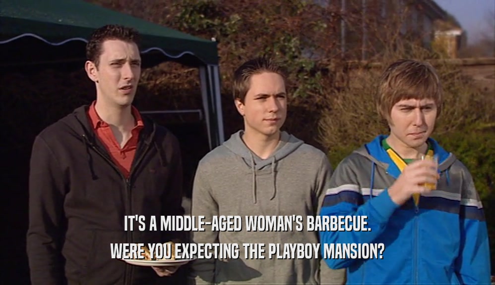 IT'S A MIDDLE-AGED WOMAN'S BARBECUE. WERE YOU EXPECTING THE PLAYBOY MANSION? 