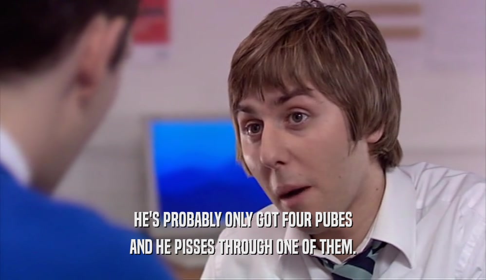 HE'S PROBABLY ONLY GOT FOUR PUBES AND HE PISSES THROUGH ONE OF THEM. 