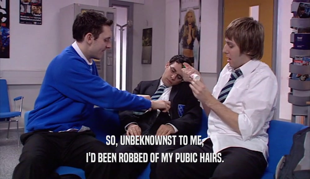 SO, UNBEKNOWNST TO ME, I'D BEEN ROBBED OF MY PUBIC HAIRS. 