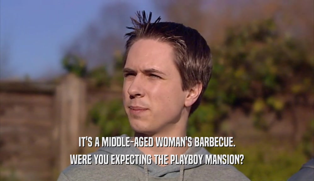 IT'S A MIDDLE-AGED WOMAN'S BARBECUE. WERE YOU EXPECTING THE PLAYBOY MANSION? 