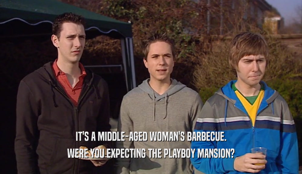 IT'S A MIDDLE-AGED WOMAN'S BARBECUE. WERE YOU EXPECTING THE PLAYBOY MANSION? 