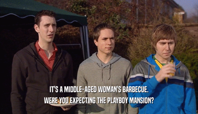 IT'S A MIDDLE-AGED WOMAN'S BARBECUE. WERE YOU EXPECTING THE PLAYBOY MANSION? 
