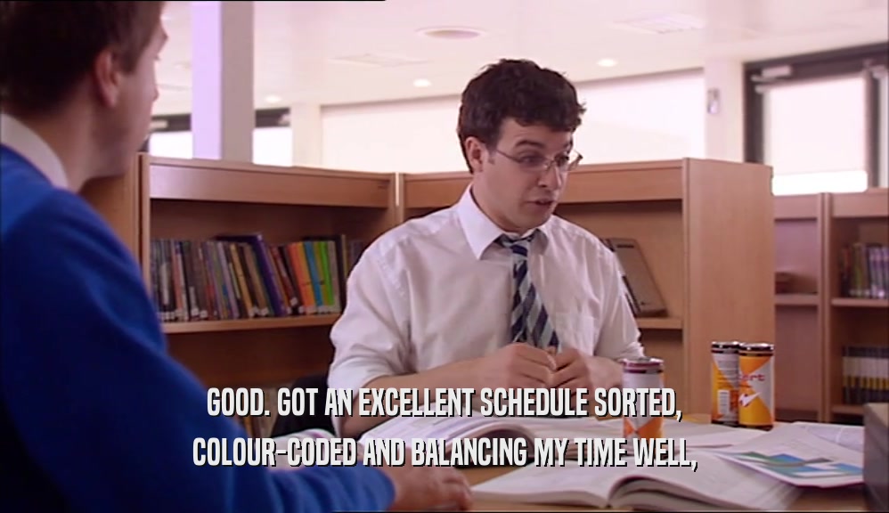 GOOD. GOT AN EXCELLENT SCHEDULE SORTED, COLOUR-CODED AND BALANCING MY TIME WELL, 