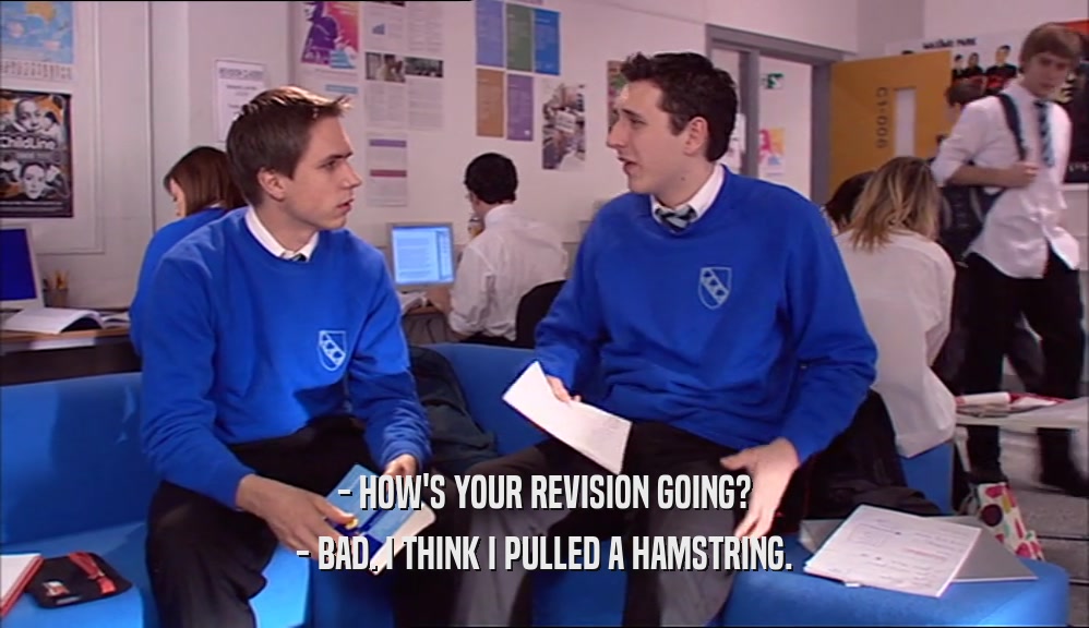 - HOW'S YOUR REVISION GOING?
 - BAD. I THINK I PULLED A HAMSTRING.
 