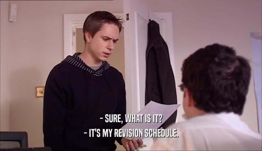 - SURE, WHAT IS IT? - IT'S MY REVISION SCHEDULE. 