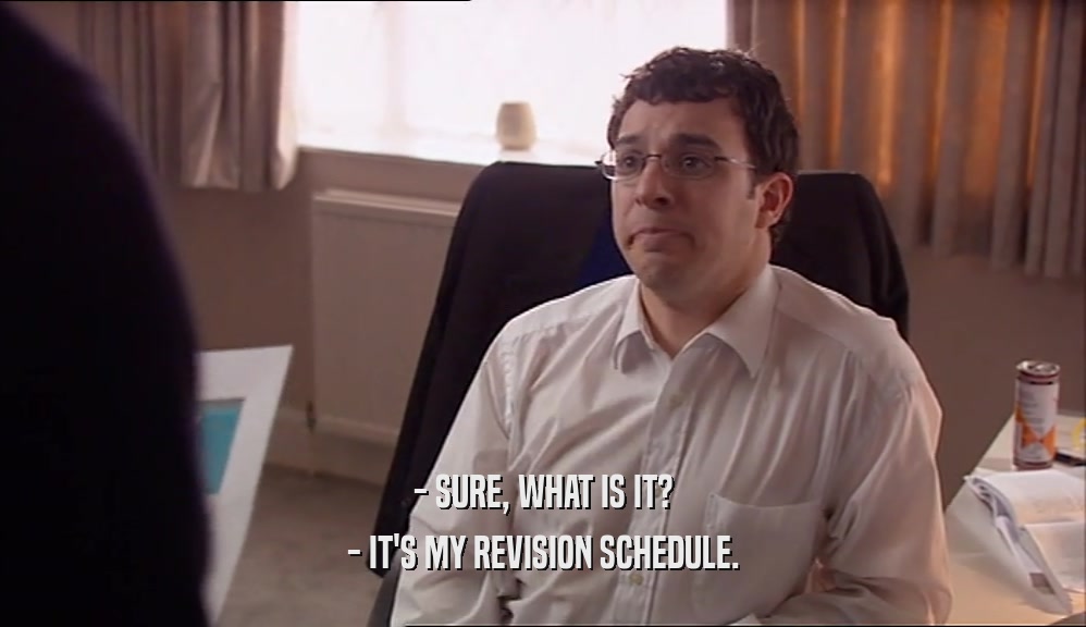 - SURE, WHAT IS IT? - IT'S MY REVISION SCHEDULE. 