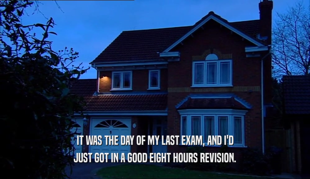 IT WAS THE DAY OF MY LAST EXAM, AND I'D JUST GOT IN A GOOD EIGHT HOURS REVISION. 