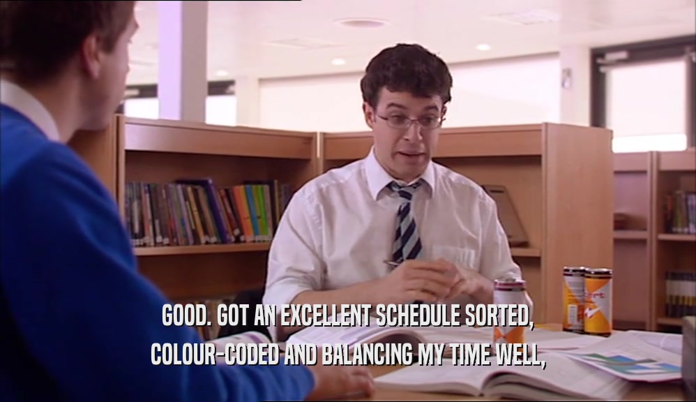 GOOD. GOT AN EXCELLENT SCHEDULE SORTED, COLOUR-CODED AND BALANCING MY TIME WELL, 