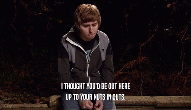 I THOUGHT YOU'D BE OUT HERE UP TO YOUR NUTS IN GUTS. 