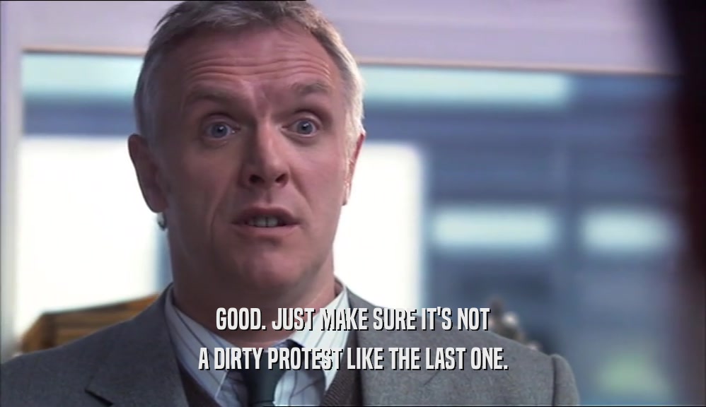 GOOD. JUST MAKE SURE IT'S NOT A DIRTY PROTEST LIKE THE LAST ONE. 