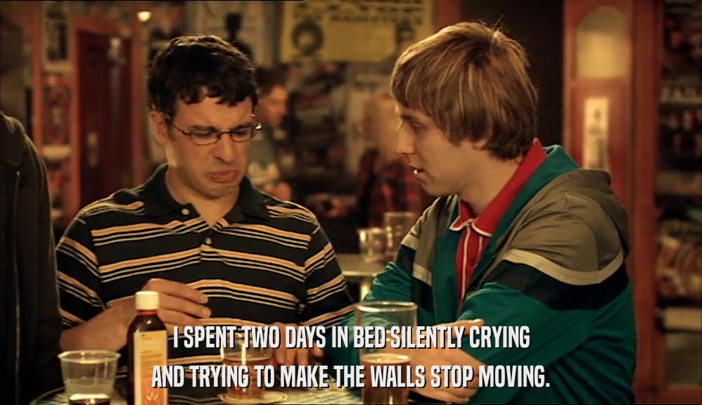 I SPENT TWO DAYS IN BED SILENTLY CRYING AND TRYING TO MAKE THE WALLS STOP MOVING. 