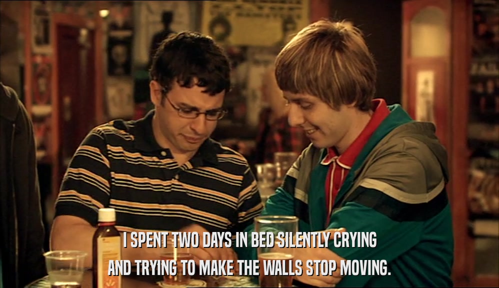 I SPENT TWO DAYS IN BED SILENTLY CRYING AND TRYING TO MAKE THE WALLS STOP MOVING. 