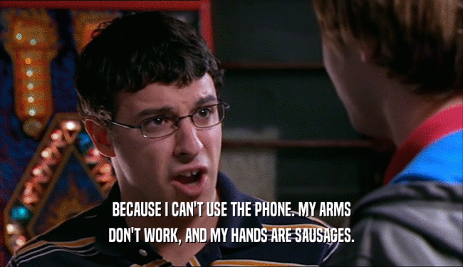 BECAUSE I CAN'T USE THE PHONE. MY ARMS
 DON'T WORK, AND MY HANDS ARE SAUSAGES.
 