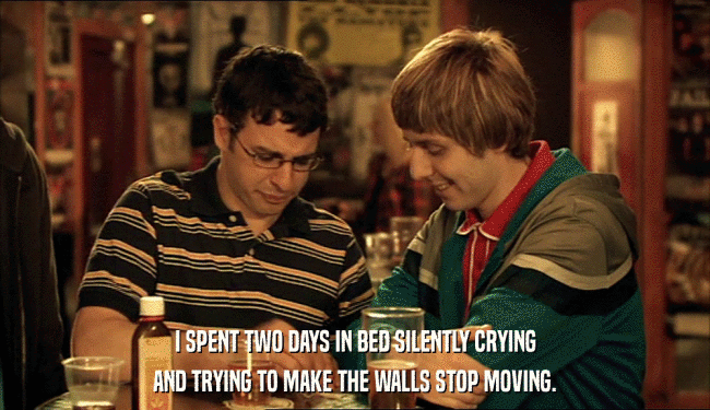 I SPENT TWO DAYS IN BED SILENTLY CRYING AND TRYING TO MAKE THE WALLS STOP MOVING. 