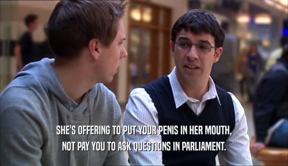 SHE'S OFFERING TO PUT YOUR PENIS IN HER MOUTH,
 NOT PAY YOU TO ASK QUESTIONS IN PARLIAMENT.
 