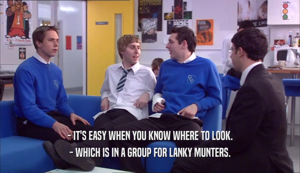 - IT'S EASY WHEN YOU KNOW WHERE TO LOOK. - WHICH IS IN A GROUP FOR LANKY MUNTERS. 