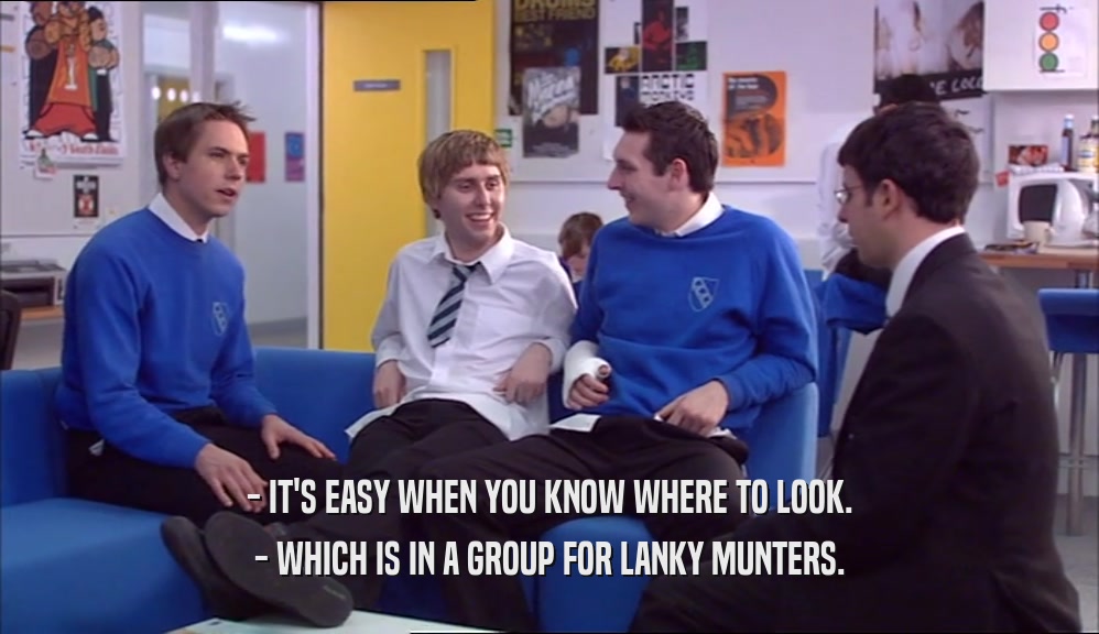 - IT'S EASY WHEN YOU KNOW WHERE TO LOOK. - WHICH IS IN A GROUP FOR LANKY MUNTERS. 