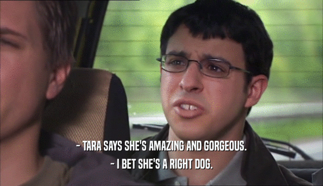 - TARA SAYS SHE'S AMAZING AND GORGEOUS.
 - I BET SHE'S A RIGHT DOG.
 
