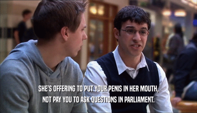 SHE'S OFFERING TO PUT YOUR PENIS IN HER MOUTH, NOT PAY YOU TO ASK QUESTIONS IN PARLIAMENT. 