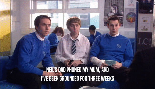NEIL'S DAD PHONED MY MUM, AND
 I'VE BEEN GROUNDED FOR THREE WEEKS
 