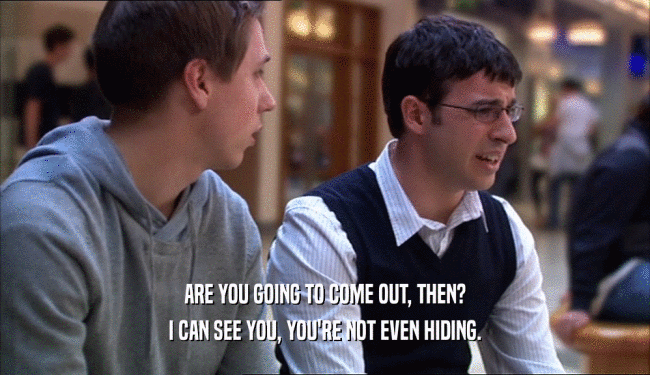 ARE YOU GOING TO COME OUT, THEN? I CAN SEE YOU, YOU'RE NOT EVEN HIDING. 