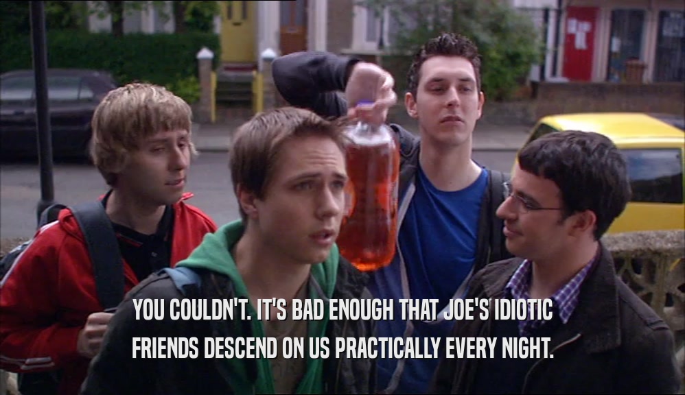 YOU COULDN'T. IT'S BAD ENOUGH THAT JOE'S IDIOTIC
 FRIENDS DESCEND ON US PRACTICALLY EVERY NIGHT.
 